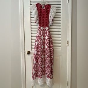 Nightcap Eyelet Apron Dress in Red & White XS